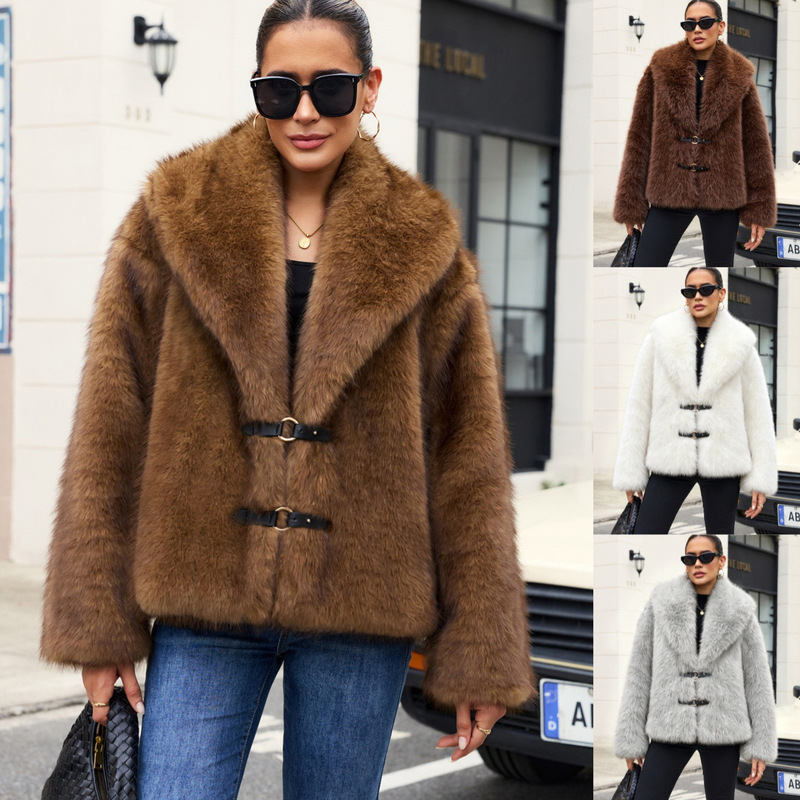 Cross-border European and American style new faux fur jacket with leather cord and buckle detailing, women's faux fox fur coat Cross-border European and American style new faux fur jacket with leather cord and buckle detailing, women's faux fox fur coat