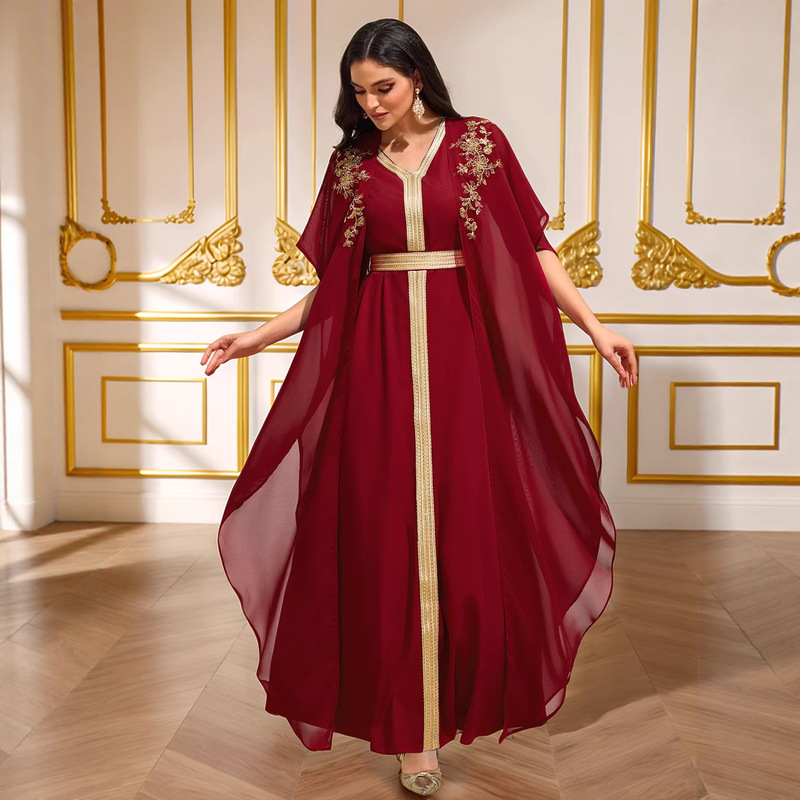Cross-Border Fashion Elegant Women's Cardigan Two-Piece Set Amazon European and American Long Dress Beaded Embroidered Robe