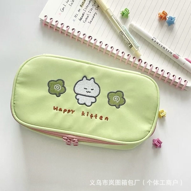 可爱四叶草小猫笔袋高颜值大容量少女化妆包学生多功能文具盒收纳|undefined