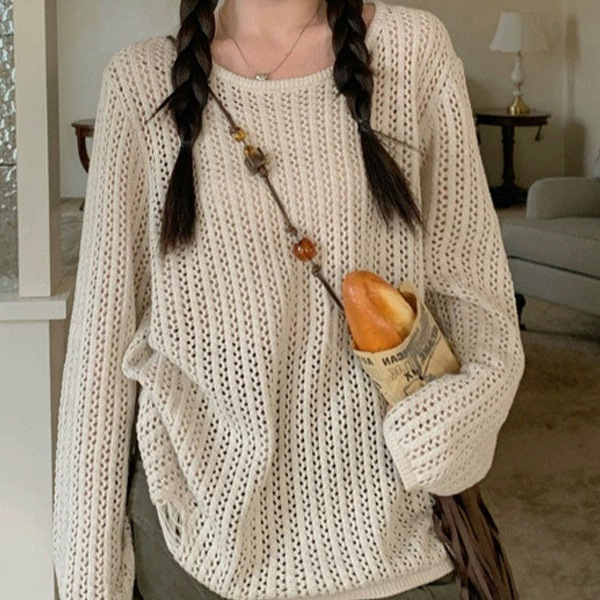 Sweet Style Loose Hollow-Out Knit Sweater for Women, 2026 Spring/Summer Long-Sleeve Ripped Slimming Sun-Protective Knit Cover-Up Top