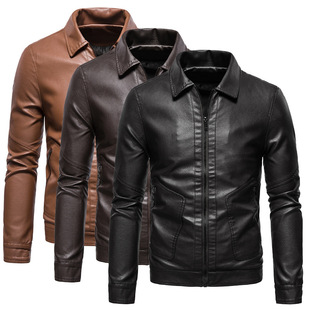 Cross-Border Export 2025 High-End Washed Large Size Pu Leather Jacket Stand Collar Men's Windproof and Warm Motorcycle Leather Jacket