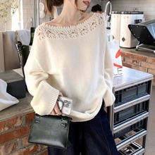 一字领镂空花边针织衫女秋冬新款洋气宽松大码慵懒风长袖毛衣上衣