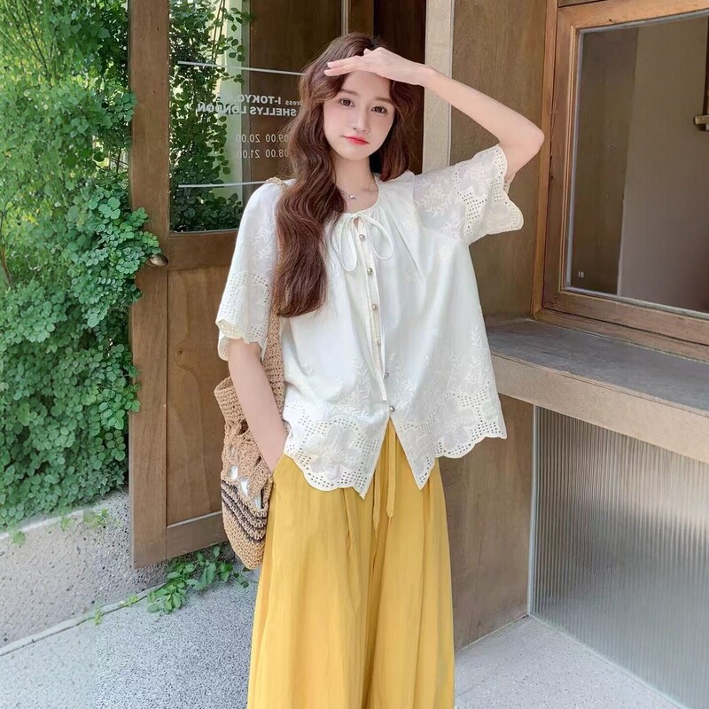 French-Style Hollow-Out Crochet Short-Sleeve Shirt for Women, 2026 Summer New Loose Babydoll Shirt with Unique Design