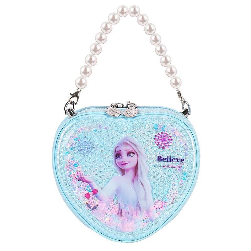 Bolso de Princesa para Niñas 2022, Bolso de Mano de PU con Perlas de Moda, Bolso Bandolera con Forma de Corazón de Frozen