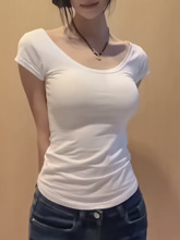 白色短袖T恤女2024夏季新款性感露锁骨体恤打底衫辣妹紧身小上衣