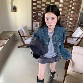 复古做旧蓝色牛仔外套女春秋新款设计感休闲百搭短款夹克上衣