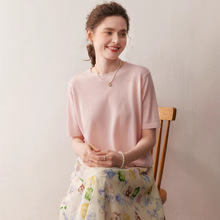 扬子纱精纺100%纯羊毛针织短袖女圆领宽松薄款t恤背心中半袖上衣