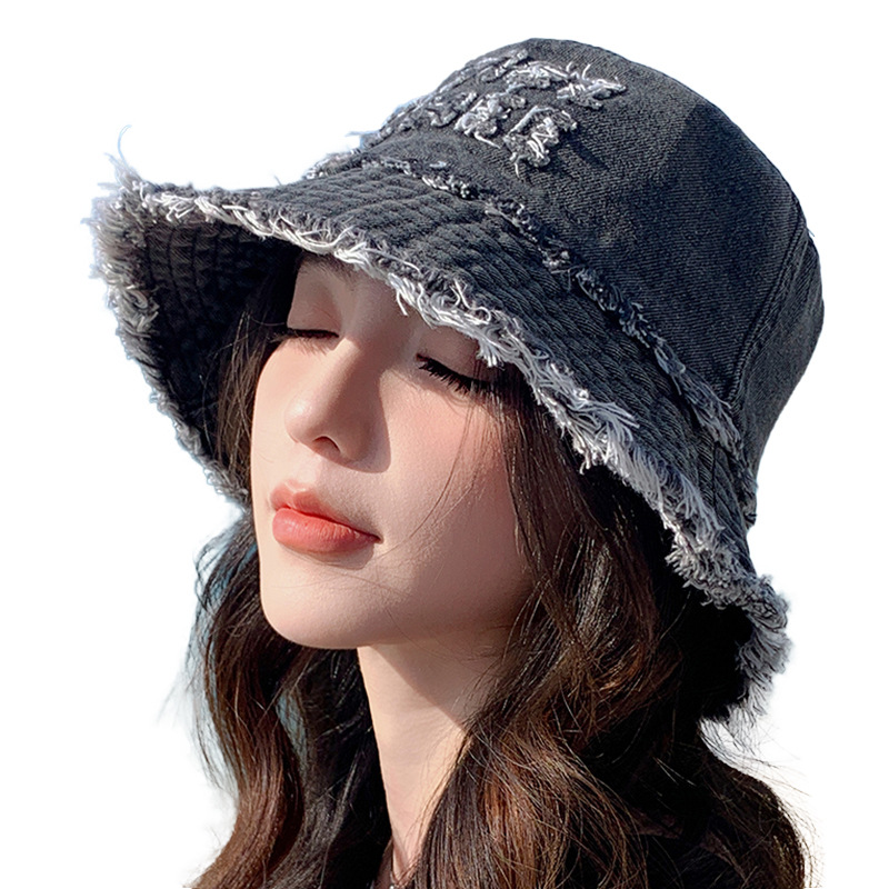 Frayed Edge Women's Denim Bucket Hat With Logo For Outdoor Hiking_voghion.com