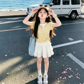 大童夏季新款女童甜美多巴胺时尚抽绳短袖T恤蝴蝶结半身裙两件套