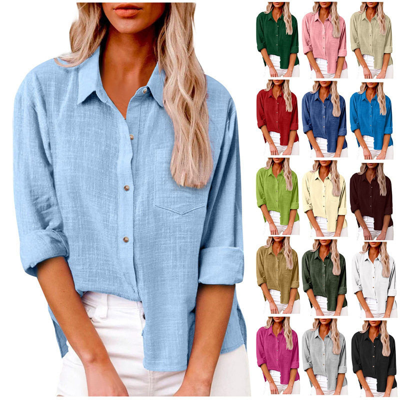 European and American Casual Long-Sleeved Shirts for Women, Solid Color Cotton and Linen Shirts, Cross-Border Commuting Tops European and American Casual Long-Sleeved Shirts for Women, Solid Color Cotton and Linen Shirts, Cross-Border Commuting Tops