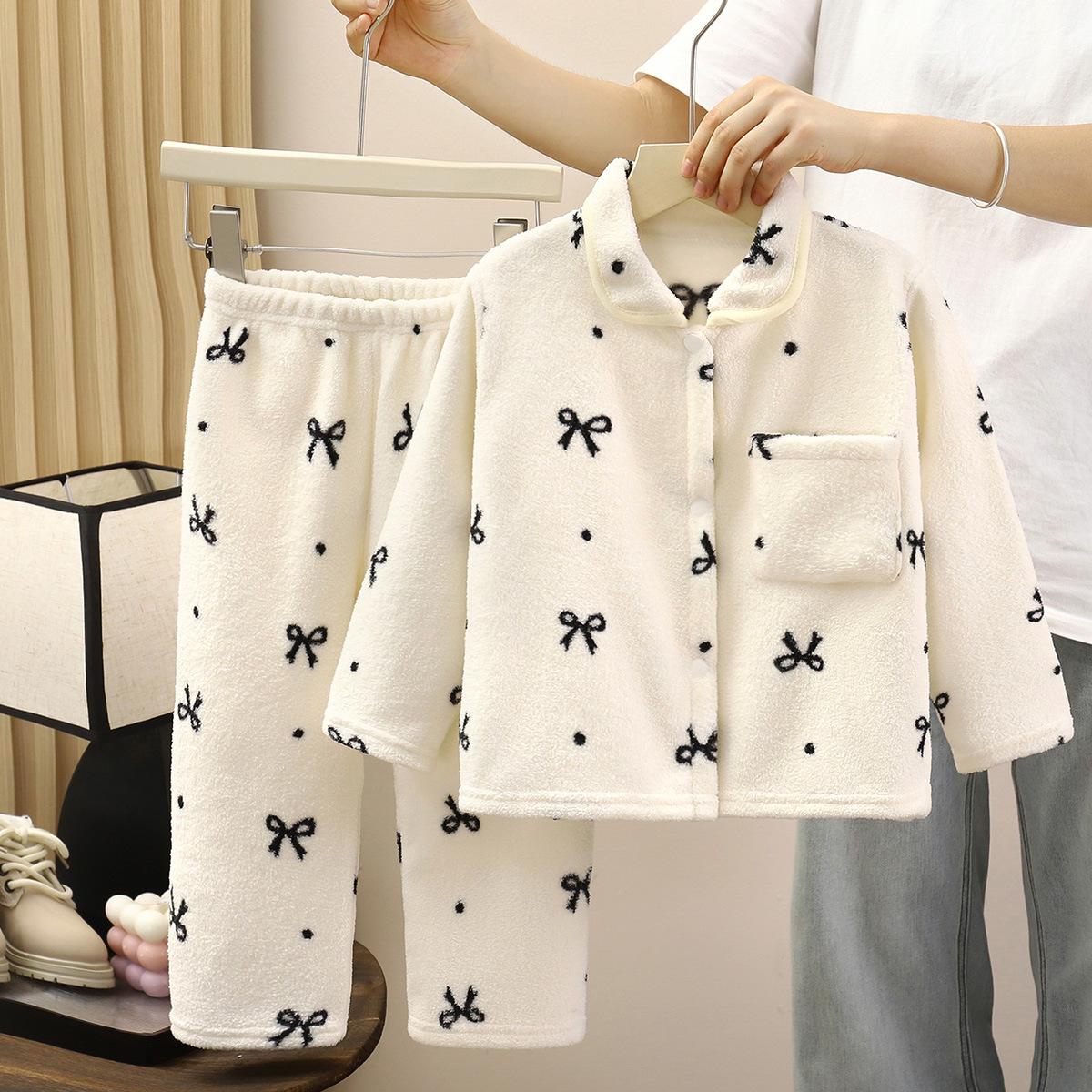 Pajamas infantiles con camisa de terciopelo para niños franela para niñas ropa cálida para el hogar Cardigan para bebés