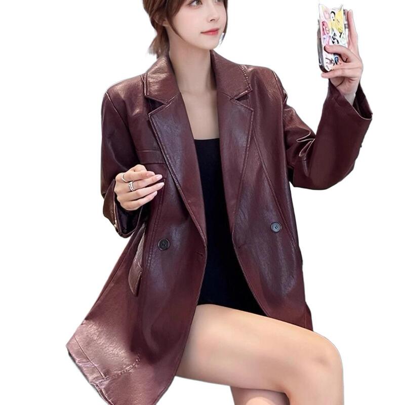 2025秋季新款安可拉红复古高级感皮衣外套女宽松休闲显瘦皮西装潮|undefined