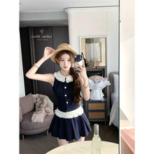 韩系新款温柔甜美气质蕾丝花边设计无袖上衣百褶半身裙显瘦两件套