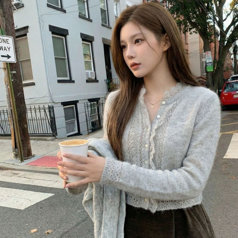 In Stock 2025 Winter New Korean Style Solid Color Hollow Lace Stand Collar Crochet Knit Cardigan Skirt for Women