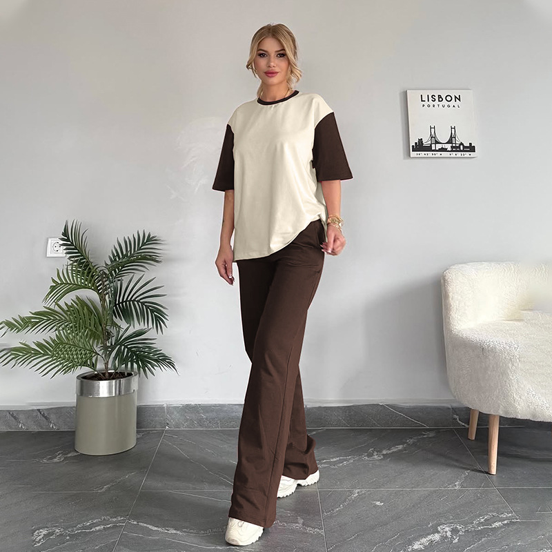 Summer Contrast Color round Neck Short Sleeved T shirt Women Casual Wide Leg Pants Two Piece Sets 10 Summer Contrast Color round Neck Short Sleeved T shirt Women Casual Wide Leg Pants Two Piece Sets