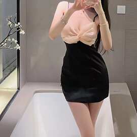 新款情趣夜店辣妹美背蝴蝶结纯欲挂脖吊带女短款性感风裹胸秘书夏