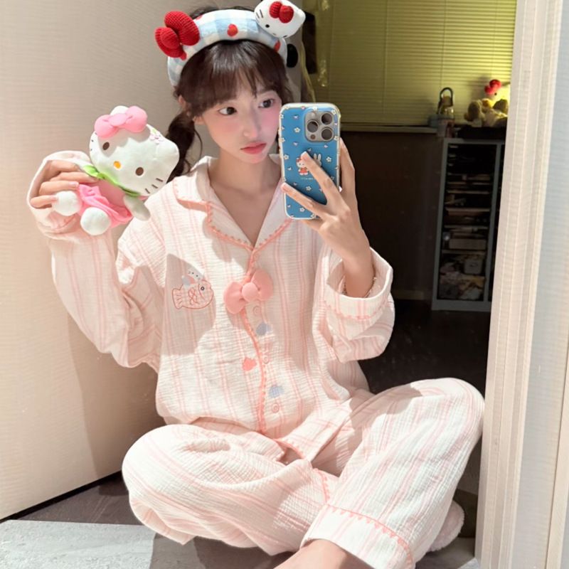 Inskt Cat Pajamas Pure Cotton Target Spring New Style Pajamas for Women Double-Layer Pure Cotton Gauze Sweet and Cute Home Wear Inskt Cat Pajamas Pure Cotton Target Spring New Style Pajamas for Women Double-Layer Pure Cotton Gauze Sweet and Cute Home Wear