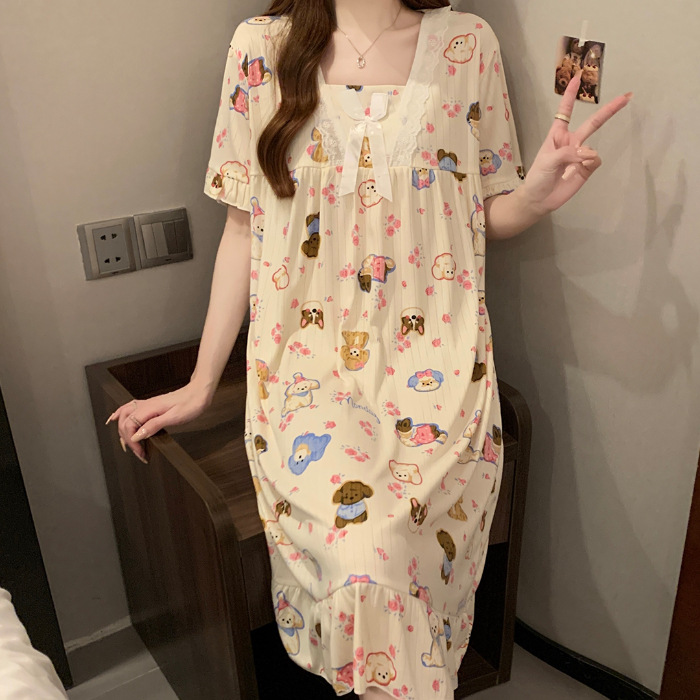 Comercio exterior transfronterizo pijama de mujer de verano de mangas cortas de seda de leche encaje lindo dibujos animados pijama de estudiantes ropa delgada