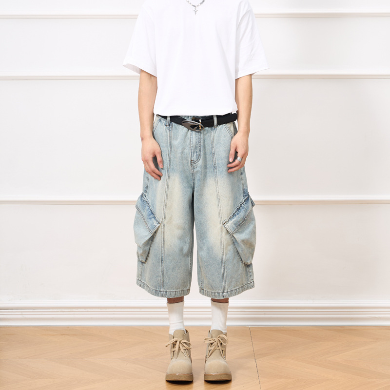 2025 Summer New Washed Vintage Large Pocket Denim Cargo Pants Men's Loose Wide-Leg Casual Versatile Cropped Pants