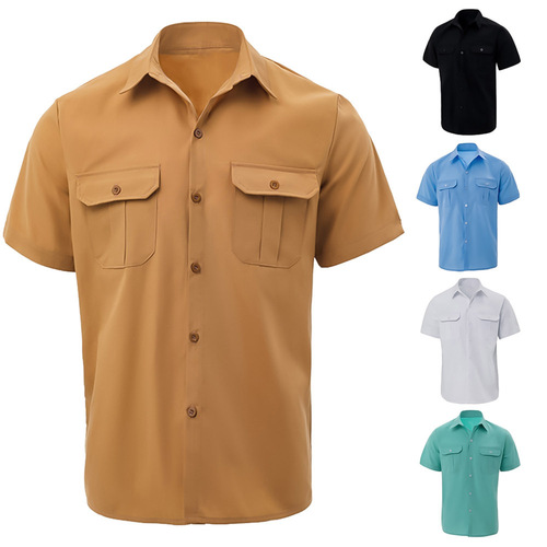 2025 Cross-border New Summer Men's Breathable Short-Sleeve Casual Fashion Dual-Pocket Solid Color Shirt Men's Short Sleeve Open