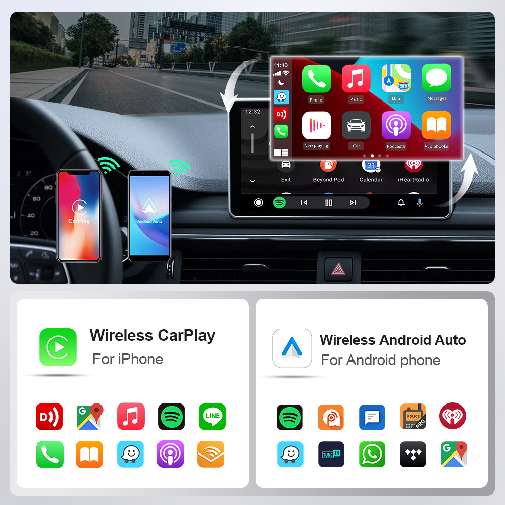 2-in-1 Car Connectivity Box, Apple Dual-Channel Wired to Wireless CarPlay, Portable