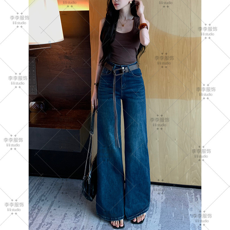 百搭复古不贴腿微喇牛仔裤女2025早秋新款高腰宽松弹力显瘦拖地裤|undefined