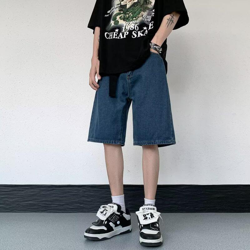 Japanese Style Retro Denim Shorts Men's Summer ins Fashionable Loose All-Match Pants Solid Color Belt Stitching Pants Japanese Style Retro Denim Shorts Men's Summer ins Fashionable Loose All-Match Pants Solid Color Belt Stitching Pants