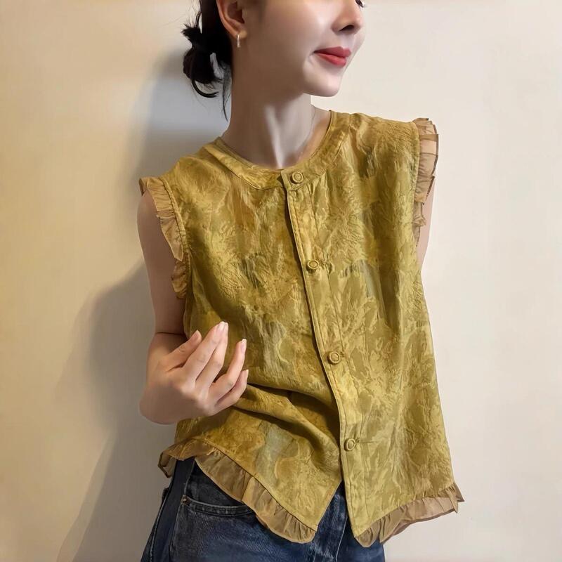 Trendy Ruffled Lace Patchwork Mesh Jacquard Sleeveless Shirt for Women, Summer Design with Small Flutter Sleeves, Stylish Vest-Style Top Trendy Ruffled Lace Patchwork Mesh Jacquard Sleeveless Shirt for Women, Summer Design with Small Flutter Sleeves, Stylish Vest-Style Top