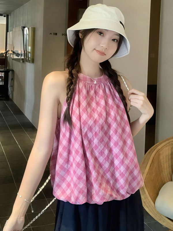 粉色格子无袖吊带背心女夏季甜美宽松外穿设计感chic显瘦花苞上衣|undefined