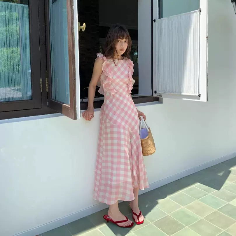 诠释美 NEWOPEN 25夏法式甜美可爱格纹收腰荷叶边鱼尾连衣裙S5636