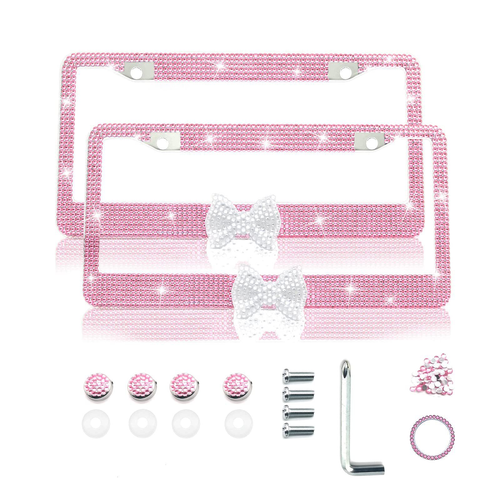Yuantou Changjia – Rhinestone License License plate holder/license plate holder - white-butterfly-pink-frame-1-piece
