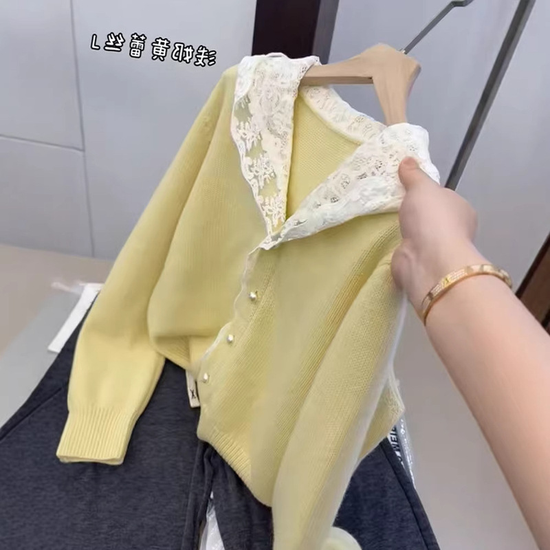 Sweet Solid Color Hooded Knit Cardigan with Lace Splicing, Spring Design Sweater, Unique Top for Women Sweet Solid Color Hooded Knit Cardigan with Lace Splicing, Spring Design Sweater, Unique Top for Women