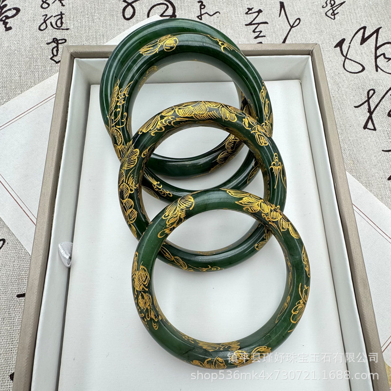 Natural Xinjiang Hetian Jasper Bracelet Jasper Carved Bracelet Bracelet Green Gold-plated Bracelet Live Supply Batch