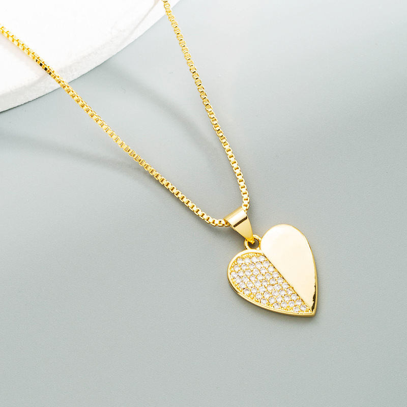 Korean geometric copper micro-inlaid half of pendant zircon necklace