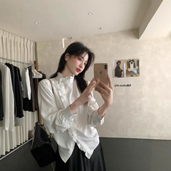 MSTUDIO漫莎 韩系温柔甜美风设计感斜扣花边领克长袖衬衫女6011