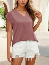 V 28365 Women's V-Neck Satin T-Shirt ŮʿV��T�� �羳��Ӧ