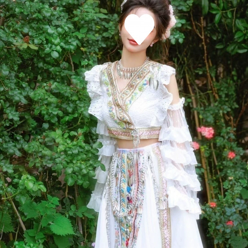 Новая белая одежда в девичьем стиле Miaojiang, костюм в этническом стиле, Юньнань Лijiang Dali, одежда для путешествий, фото