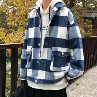 毛呢大衣男2022秋冬短款港风ins宽松呢子夹克青少年帅气格子外套