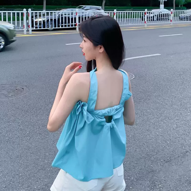 Женская майка с открытыми плечами во французском стиле, летняя внутренняя одежда с уникальным дизайном, милый короткий верх без спинки.