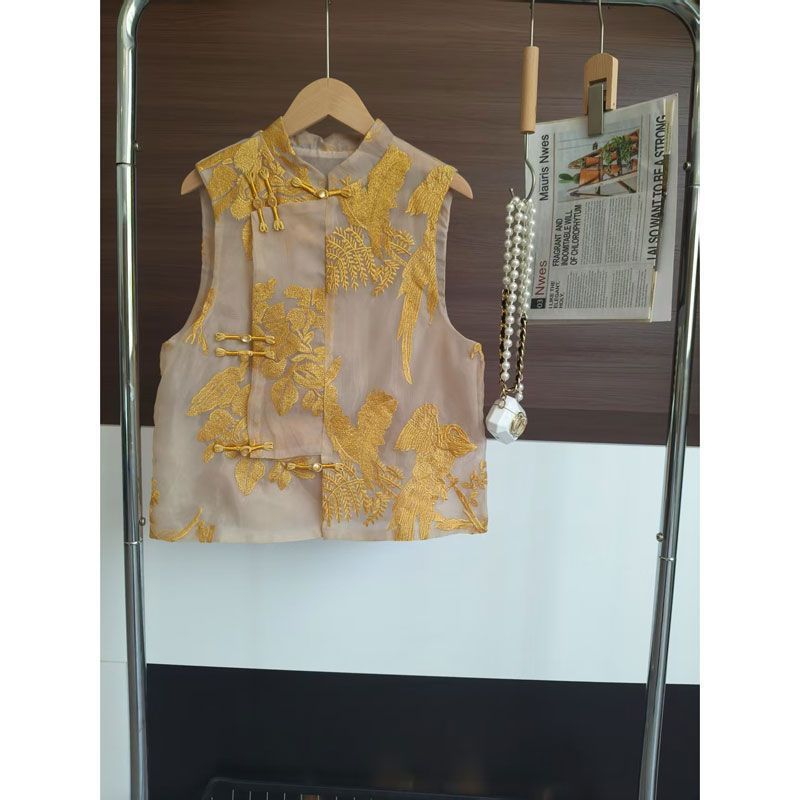 New Chinese Style Embroidered Vest for Women, Summer National Style, High-End Thin Old Money Style Organza Top