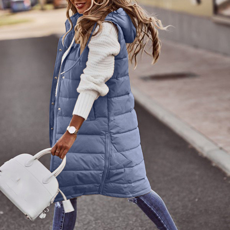 Europa y América nueva moda casual Chaqueta de algodón acolchado de color sólido con capucha chaleco Delgado elegante cardigan sin mangas abrigo de longitud media para las mujeres image 15