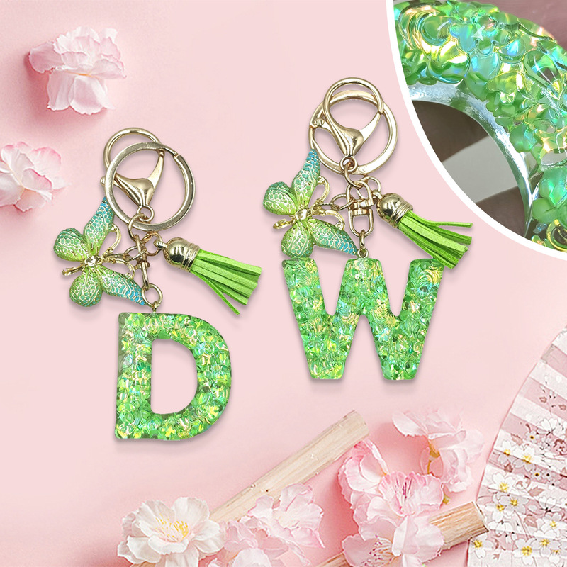 Creative New Green 3D Advanced Embossed English Initials Keychain Women's Bag Car Key Pendant