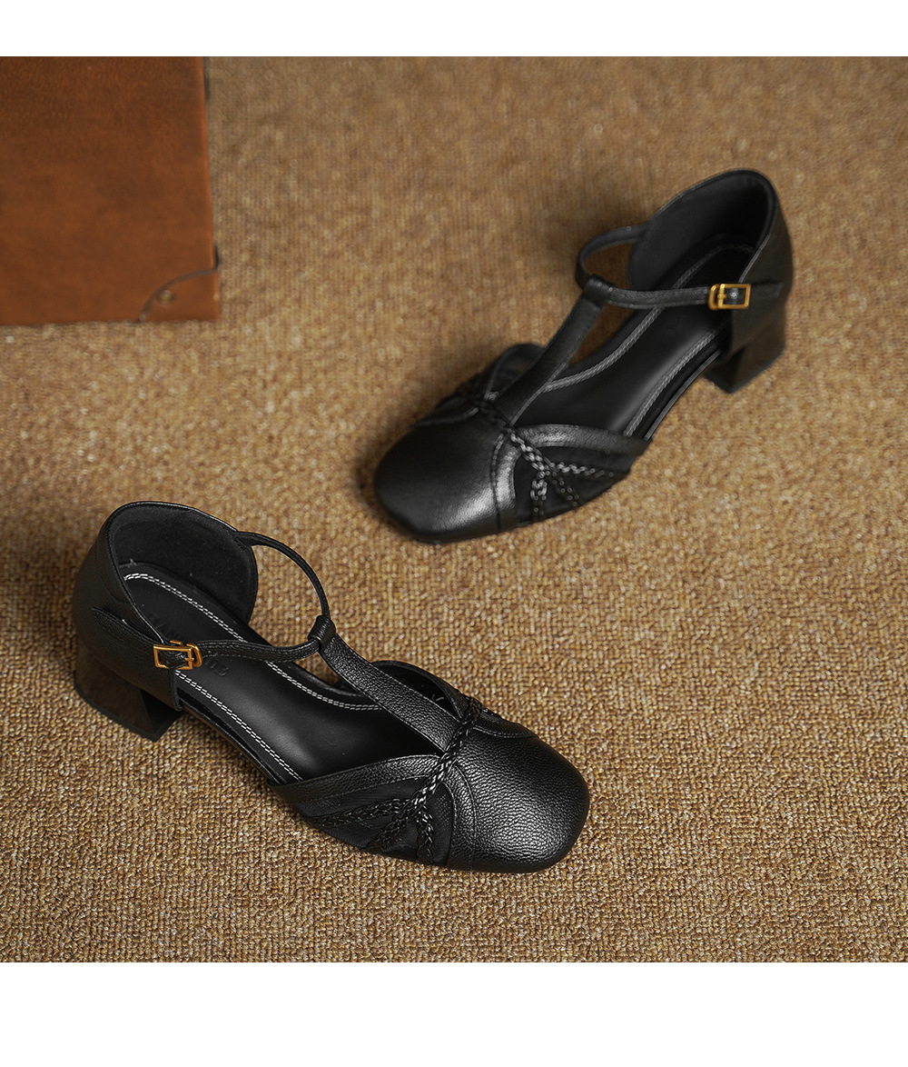 Giày sandal cao gót nữ hở mũi da cừu lưới gót vuông quai chữ T — đen chi tiết 13