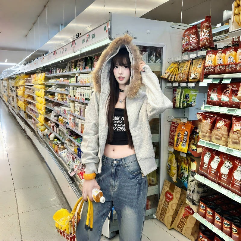 慵懒风灰色连帽卫衣开衫女秋季可拆卸毛领拉链外套宽松休闲上衣潮|undefined
