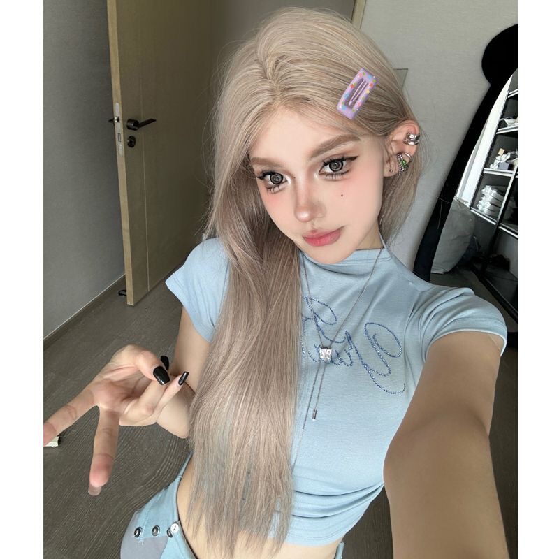 Princess KuKu Same Style [Cream Powder] Medium Wig Natural Daily Small Lace Women's Long Curly Hair Full Headgear