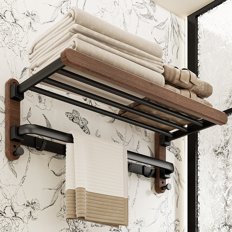 Toallero de baño de nogal Estante de toallas de baño de alta gama sin perforación Estante de baño Colgante de baño