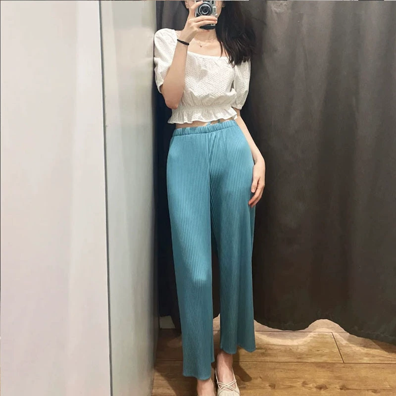 Летние женские широкие брюки с морщинистыми текстурой дикие тонкие прямые брюки 456032