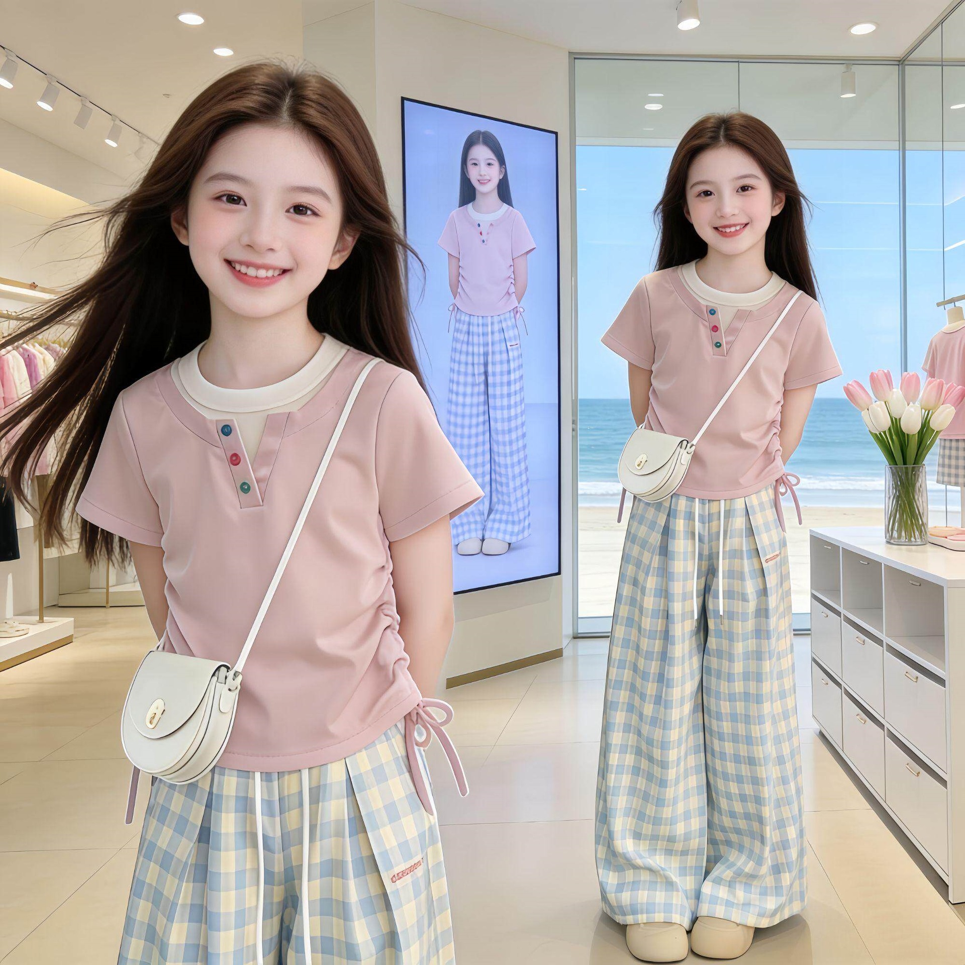 Girls' Summer Casual Set, Korean Style, Chic and Fresh, Thin, Popular, Versatile, Slimming, Short-Sleeved Two-Piece Set