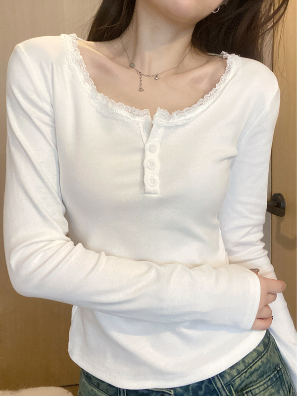 秋季新款绝美纯欲蕾丝花边显瘦打底衫女内搭长袖T恤正肩方领上衣|undefined