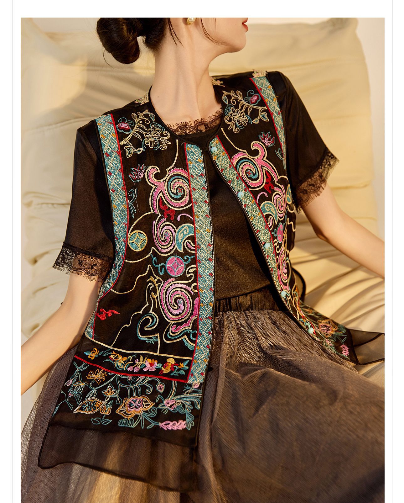 Áo vest cổ đứng phong cách retro Trung Hoa, thiết kế thêu, chất liệu tơ dâu tằm, mẫu ZX N4045 — Màu đen, Hồng mơ chi tiết 23